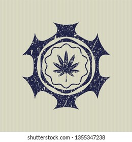 Blue marijuana leaf, weed icon inside distressed grunge seal