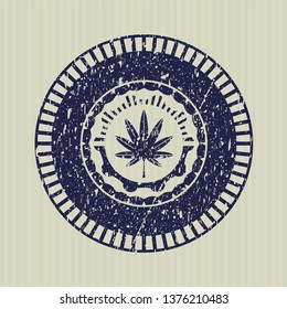 Blue marijuana leaf, weed icon inside rubber grunge seal