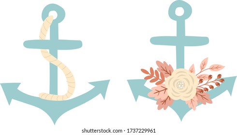 Blue marine anchors with rope and flowers, vector illustrations