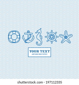 Blue marine background: waves pattern, lifebuoy and anchor