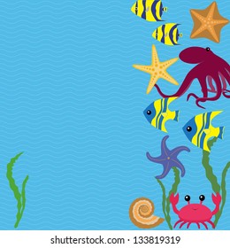 Blue marine card with colorful sea animals