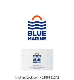 Blue Marine logo. Boats and service. Travel agency emblems. Yacht club emblem. The sunrise, waves and letters. Identity. Business card.