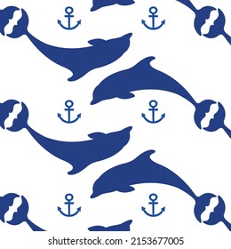 blue marine pattern with dolphin silhouette and anchor isolated on white