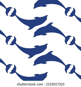 blue marine pattern with dolphin silhouette isolated on white