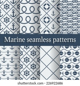 Blue marine seamless patterns set - vector illustration