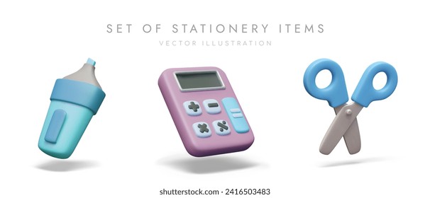 Blue marker, calculator, open scissors. Realistic stationery in children style