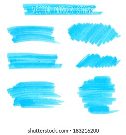 Blue marker lines and stains. Vector textured design elements.