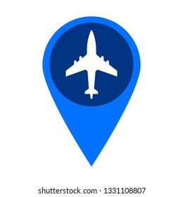 Blue marker on the map, white plane, symbol, vector