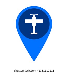 Blue marker on the map, white airplane, symbol, vector