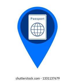 Blue marker on the map, white passport, symbol, vector