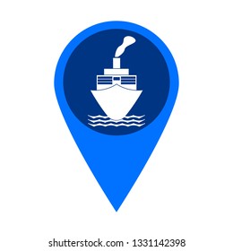 Blue marker on the map, white ship, symbol, vector