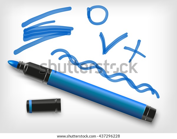 青いマーカーペン チェックマーク プラス 線 ベクター蛍光ペン