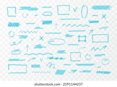 Blue marker pen lines and shapes vector set. Highlighter collection. Transparent brush pen hand drawn underline strokes, arrows, cross and check mark. Wavy and zigzag lines, geometric forms design