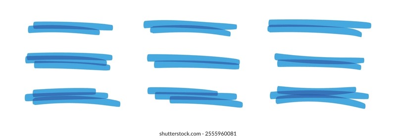 Blue marker strokes set with brush texture for highlighting text. Doodle underline or box elements. Flat vector illustration isolated on white background.