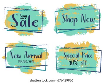Blue marketing banners vector collection. Advertising labels with hand painted watercolor brush stroke splashes and text. Summer sale, 50% off, special offer tags, shop now advert sign design.