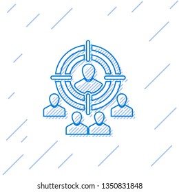 Blue Marketing target strategy concept line icon isolated on white background. Aim with people sign. Vector Illustration