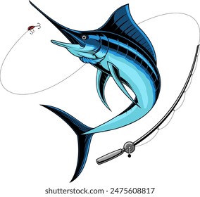 Blue Marlin Fish Fishing Diseño gráfico de logotipo. Vector Dibujado A Mano Ilustración Aislado Sobre Fondo Transparente