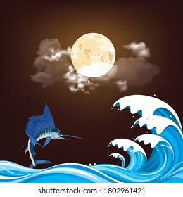 Blue marlin fish leaping out of the water over high ocean waves set against a full moon night sky
