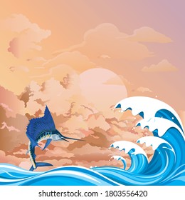 Pescado de marlín azul saltando del agua sobre olas oceánicas altas colocadas contra un cielo rosado al amanecer o al anochecer