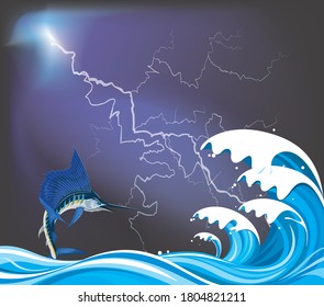 Blue marlin fish leaping out of the water over high ocean waves set against a dramatic thunderstorm sky