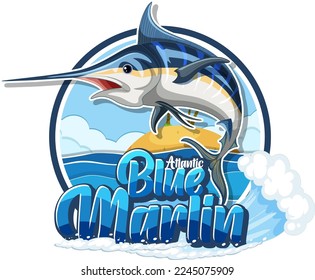 Blue marlin fish logo with carton character illustration