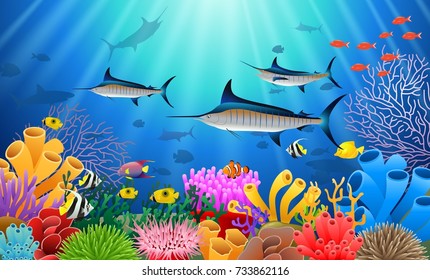 Blue Marlin Fish Swimming Under Water Cartoon Animal Character. Vector Illustration.