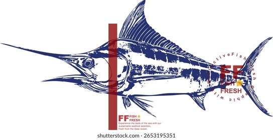 Blue marlin fish vector, swordfish illustration, sport fishing logo, ocean predator graphic, big game fish art, seafood emblem, nautical vintage design, marine life drawing.