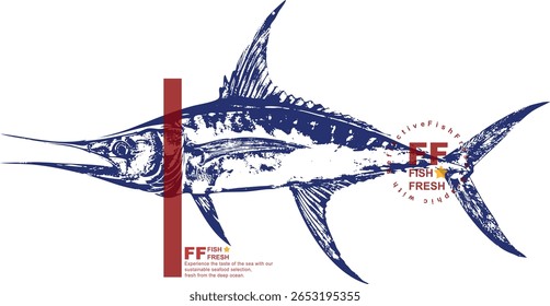 Blue marlin fish vector, swordfish illustration, sport fishing logo, ocean predator graphic, big game fish art, seafood emblem, nautical vintage design, marine life drawing.