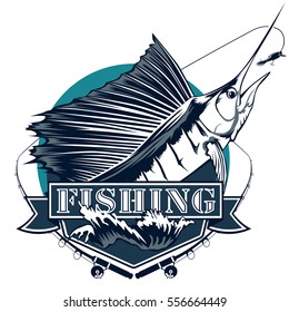 Blue marlin fishing emblem isolated on white. Sail fish logo with lure and rod.