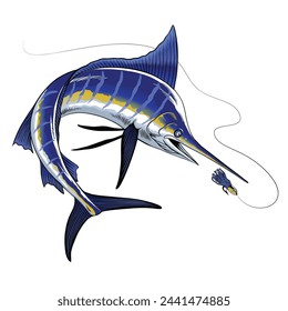 Ilustración de pesca de marlín azul atrapando señuelo de pescado