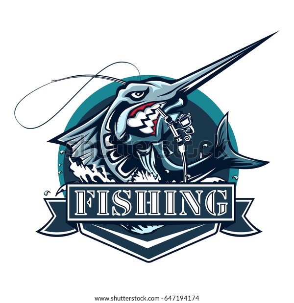 白い背景に青いマーリンの釣りのロゴイラスト 黒いマーリンの釣りのベクターイラスト マーリンのベクター画像ロゴ のベクター画像素材 ロイヤリティフリー