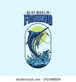 Blue marlin fishing, t shirt graphic design, hand drawn line style with digital color, vector illustration