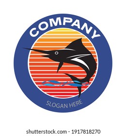 Blue Marlin with sunset background logo. Sword fish fishing emblem for business and sport club. Vintage or retro style vector and illustration badge design elements.