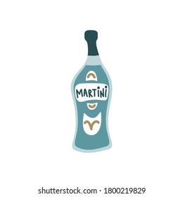 Blue martini bottle on white background. Cartoon sketch graphic design. Doodle style. Hand drawn image. Party drinks concept. Freehand drawing style. Vector.
