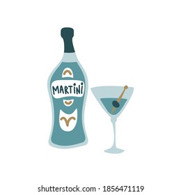 Blue martini bottle and wineglass on white background. Cartoon sketch graphic design. Doodle style. Hand drawn image. Party drinks concept. Freehand drawing style. Vector.
