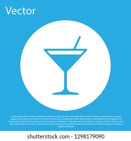 Blue Martini glass icon isolated on blue background. Cocktail icon. Wine glass icon. White circle button. Flat design. Vector Illustration
