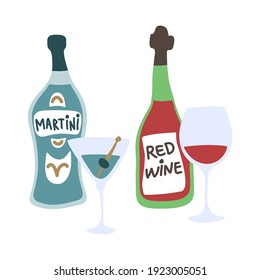 Blue martini and red wine bottle and wineglass on white background. Cartoon sketch graphic design. Doodle style. Hand drawn image. Party drinks concept. Freehand drawing style. Vector.
