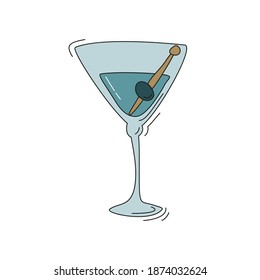 Blue martini wineglass with olive on white background. Cartoon sketch graphic design. Doodle style. Colored hand drawn image. Party drink concept for restaurant, cafe, party. Freehand drawing style.
