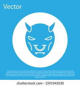 Blue Mask of the devil with horns icon isolated on blue background. White circle button. Vector Illustration