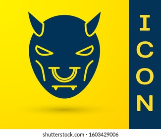 Blue Mask of the devil with horns icon isolated on yellow background.  Vector Illustration