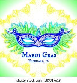 Blue mask with green feathers on the colorful. Design of poster, flyer, invitation card. Vector isolated illustration.