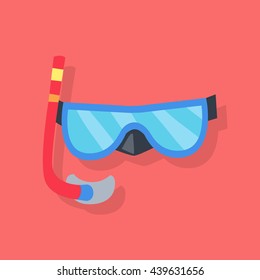 Blue mask and red tube for diving with snorkel isolated on red background. Vector illustration