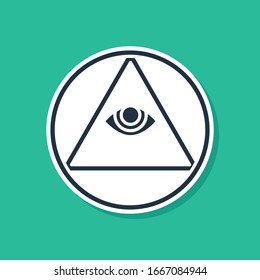 Blue Masons symbol All-seeing eye of God icon isolated on green background. The eye of Providence in the triangle.  Vector Illustration