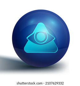 Blue Masons symbol All-seeing eye of God icon isolated on white background. The eye of Providence in the triangle. Blue circle button. Vector