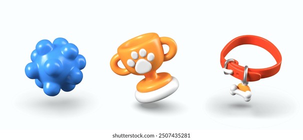 Blue massage ball, gold paw print cup, collar with pendant. Set of realistic models