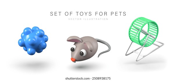 Blue massage ball, gray cute mouse, running wheel. Set of realistic toys for pets