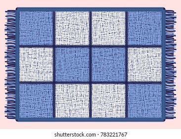 Blue mat with fringe. Rectangular rug in the cell. Vector illustration.