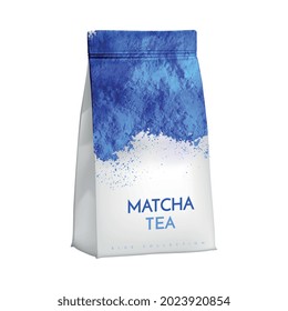 Composición realista del té azul matcha con imagen aislada del paquete de producto de marca ilustración vectorial