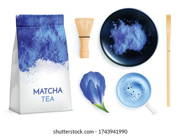 Blue matcha tea realistic set with isolated images of product package flower and cup with sticks vector illustration