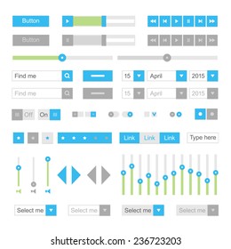 Blue material design UI elements vector. Buttons, selectors, ckeckboxes, toggles, searchfields, equalizer, sound settings etc. Set of website interface buttons.